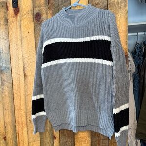 Hem & Thread Gray Knit Cowlneck Sweater with Black and White Stripes